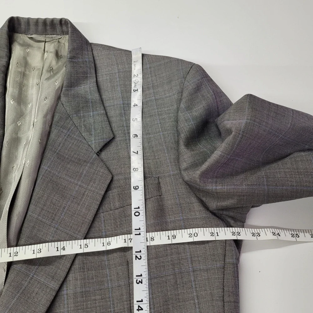 TOM JAMES Mens Gray Plaid Wool Blend Suit Jacket‎ Blazer 42R Custom Tailored USA